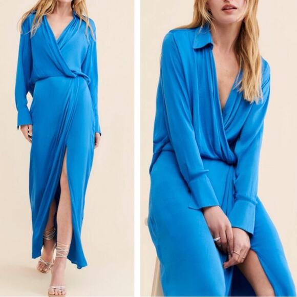 Free People Women’s Aida Collared Long Sleeve Silky Cobalt Blue Shirt Maxi Dress - Picture 15 of 15